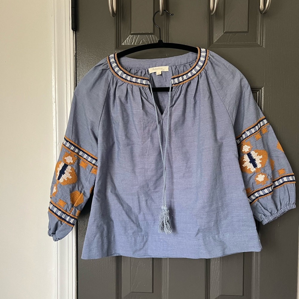 Embroidered Blue Top with Orange Accents